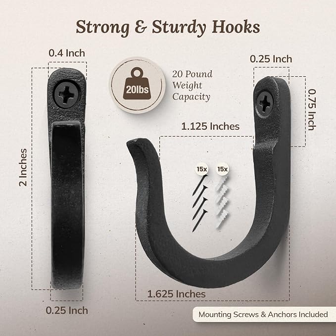 2 inch Railroad Spike Cast Iron Hooks (15 Pack) Blacksmith, Wall Mounted Farmhouse Decorative Hooks, PowderCoated for Interior or Exterior Use, Rust Proof for Hanging Coats, Bags or Pots (Black)