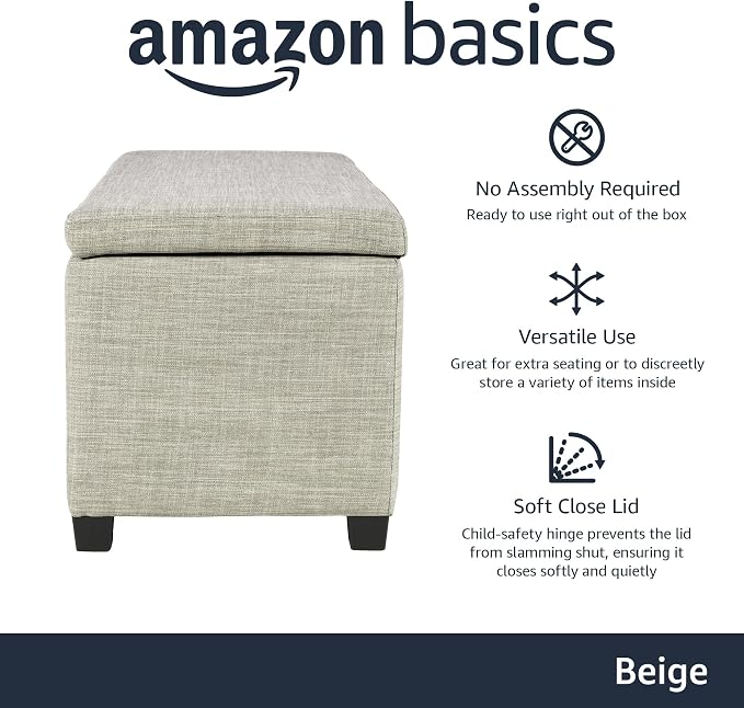 Amazon Basics Upholstered Storage Ottoman Bench with Soft Close Lid, Child-Safety Hinge, No Assembly Required, 35.5"W x 16.5"D x 17"H, Beige