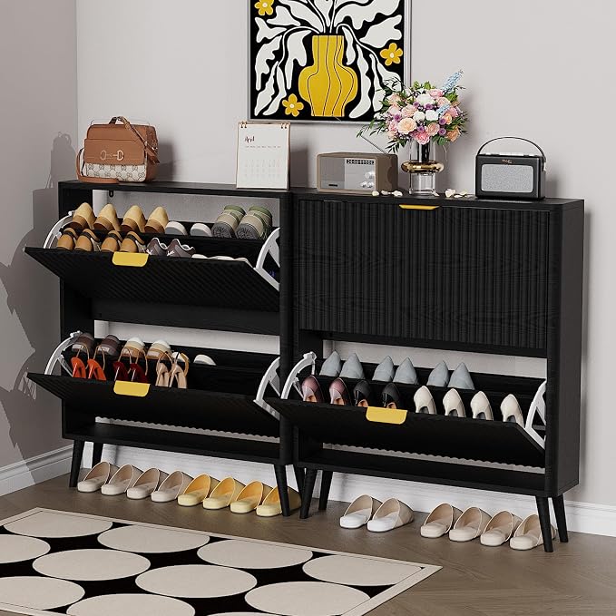 KIGOTY Narrow Shoe Storage Cabinet, Shoe Cabinet with 2 Flip Drawers, Freestanding Shoe Organizer with Legs for Entryway, Slim Shoe Rack Cabinet for Enterway (Black-Gold, 2 Flip Drawer)