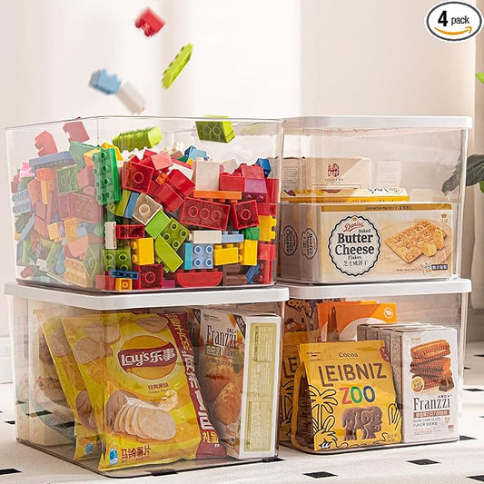 Clear plastic storage bins with LIDS,storage containers for snacks, cosmetics, books, dog food, Storage Organizer for Nursery，Kitchen, Living room,Bedroom, Bathroom, Office (Clear-White Lid, 4XL)