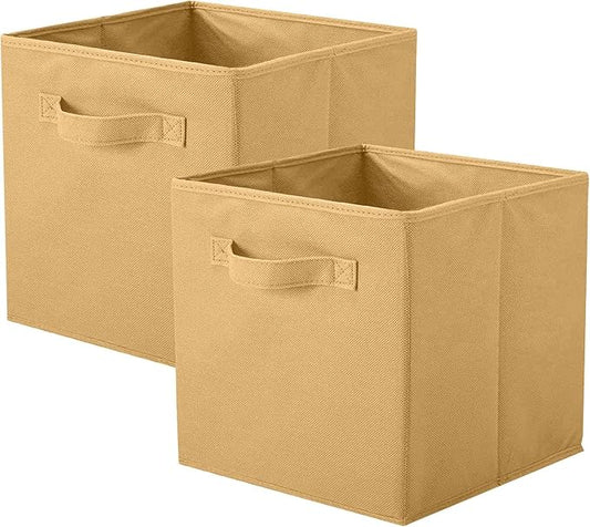 PowerKing Collapsible Storage Cubes, Farbic Storage Bins, Khaki, 2 Pack | Sturdy, Lightweight, Easy Pull Handle, Closet & Shelf Organizer, Clothes and Toys Storage, 10.5'' x 11'' x 10.5''