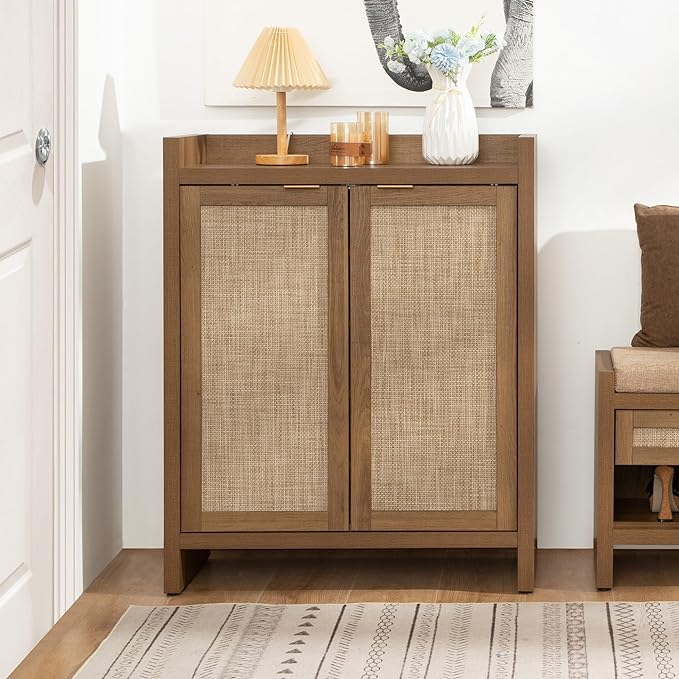 SICOTAS Shoe Cabinet, 24 Pair Shoe Storage Organizer Cabinet, Rattan Doors | 41" Tall Rattan Shoe Cabinet with Doors and Shelves, 6-Tier Farmhouse Boho Wooden Storage Cabinet for Entryway Hallway Closet