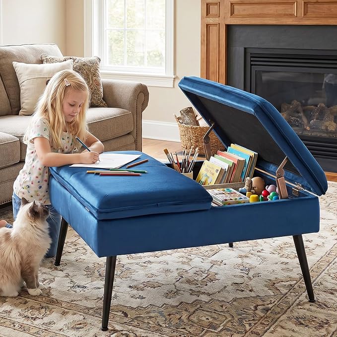 Square Ottoman with Storage Coffee Table Large Upholstered Navy | Mid-Century Modern Ottoman w/ Double Flip-Lid Metal Legs Padded Seat for Living Room Bedroom, Velvet, Loads 660 lbs