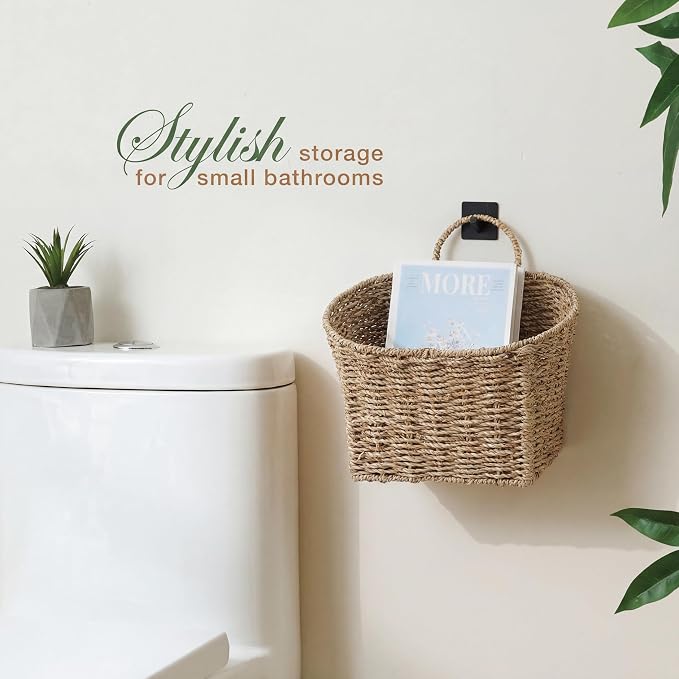 Set of 2 Seagrass Hanging Baskets for Organizing, Front Door, Mail, Flowers