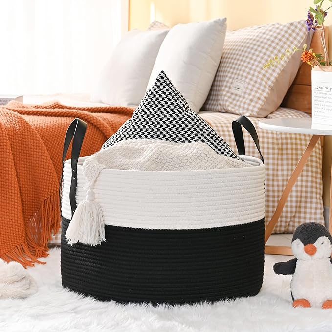 KAKAMAY Large Blanket Basket (20"x13"),Woven Baskets for storage Baby Laundry Hamper, Cotton Rope Blanket Basket for Living Room, Laundry, Nursery, Pillows, Baby Toy chest (White/Black) | Extra Large Capacity | Natural Cotton Rope | Blanket Storage | W...