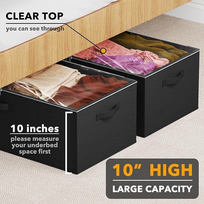 SpaceAid 2 Pack 10" High Under Bed Storage Containers, Large Underbed Storage Organizer Bins with Lids for Bedroom, Dorm, Clothes, Closet Organization, Bed Sheets and Blankets (Black)