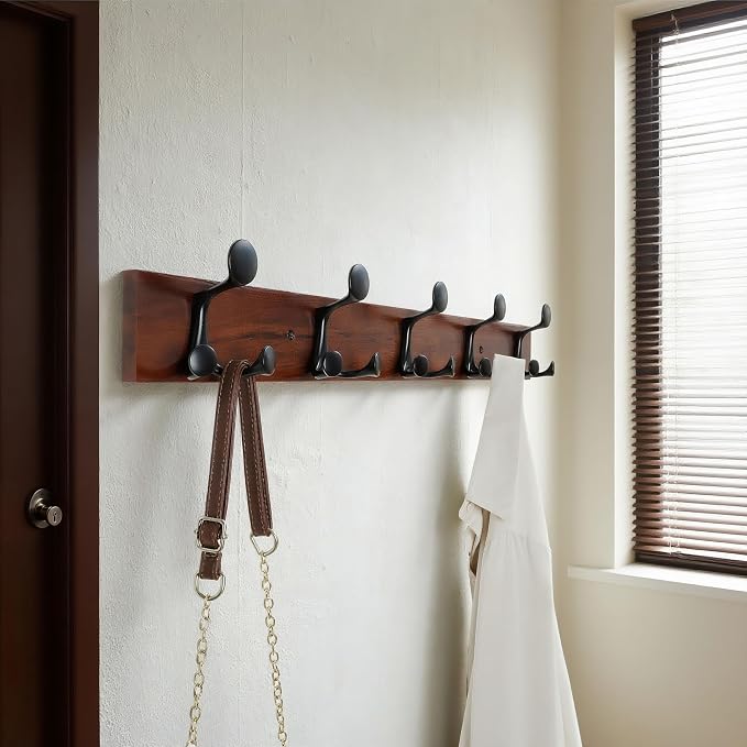 WEBI Coat Rack Wall Mount,30" Solid Wood Coat Hooks Wall Mounted Coat Hanger,16" Hole to Hole,Heavy Duty Hook Rack Rail,5 Triple Hooks for Hanging Coats,Jacket,Clothes,Hat,Backpack,Cherry