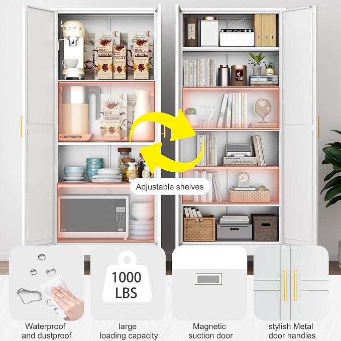 PAOFIN Kitchen Pantry Storage Cabinet with Doors and Adjustable Shelves, Metal ClosetMaid Food Pantry Cabinets, 75" Tall Freestanding Cupboard for Kitchen, Laundry or Utility Room, White