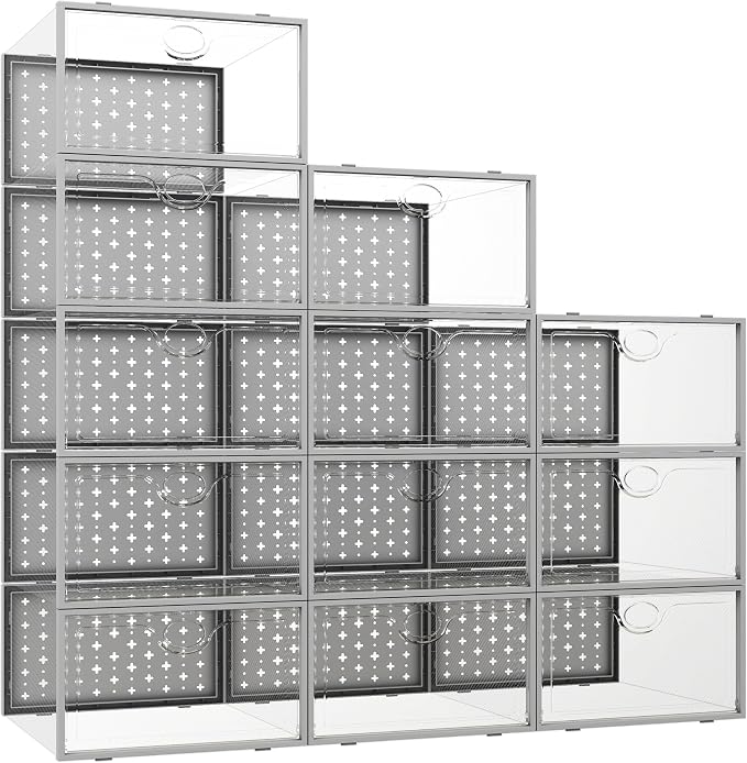 12 Pack X-Large Shoe Storage Boxes, Shoe Organizer Clear Stackable | Fit US Size 11, 6.2” Height, Shoe Dispaly Case Holder Bins Sneaker Storage for Sneakerheads, For Home and Family, Grey