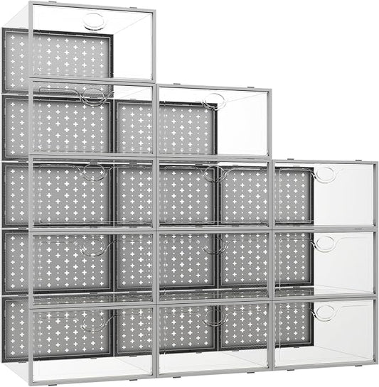 12 Pack X-Large Shoe Storage Boxes, Shoe Organizer Clear Stackable | Fit US Size 11, 6.2” Height, Shoe Dispaly Case Holder Bins Sneaker Storage for Sneakerheads, For Home and Family, Grey