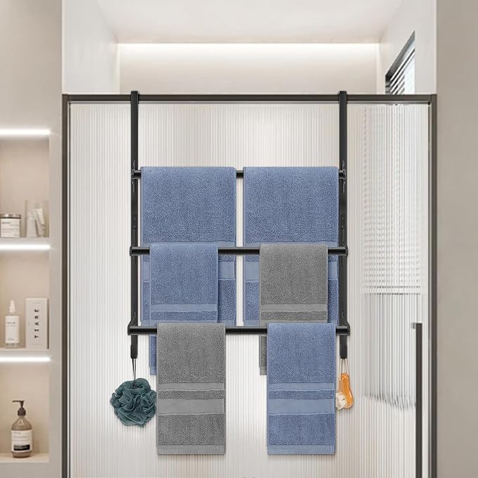 Livabber 3-Tier Over The Door Towel Rack, All Metal Towel Rack with Hooks for Door Hanging, Behind Door Towel Bar Towel Storage Holder for Bathroom Accessories, Black (19.37" L x 5.9" W x 24.4" H)