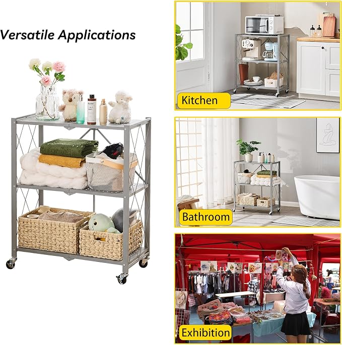 BRIAN & DANY 3-Tier Foldable Storage Shelves with Wheels, No Assembly Folding Shelf Metal Rack, Shelving Unit for Kitchen, Garage, Gray