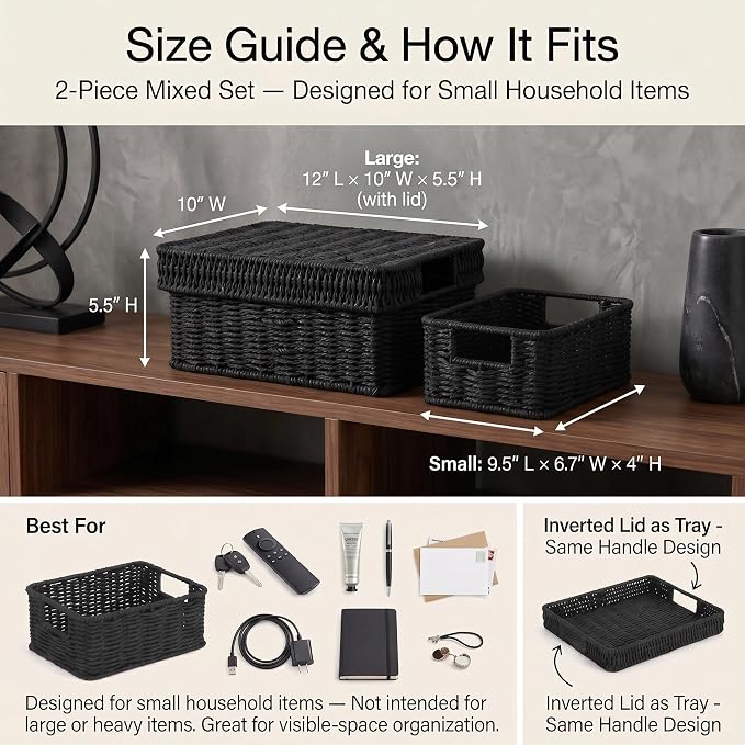 Wicker Storage Basket with Lid for Shelves, Set of 2, Black | One rectangular wicker basket with lid and one open basket for decorative shelf storage; removable lid flips into a tray.