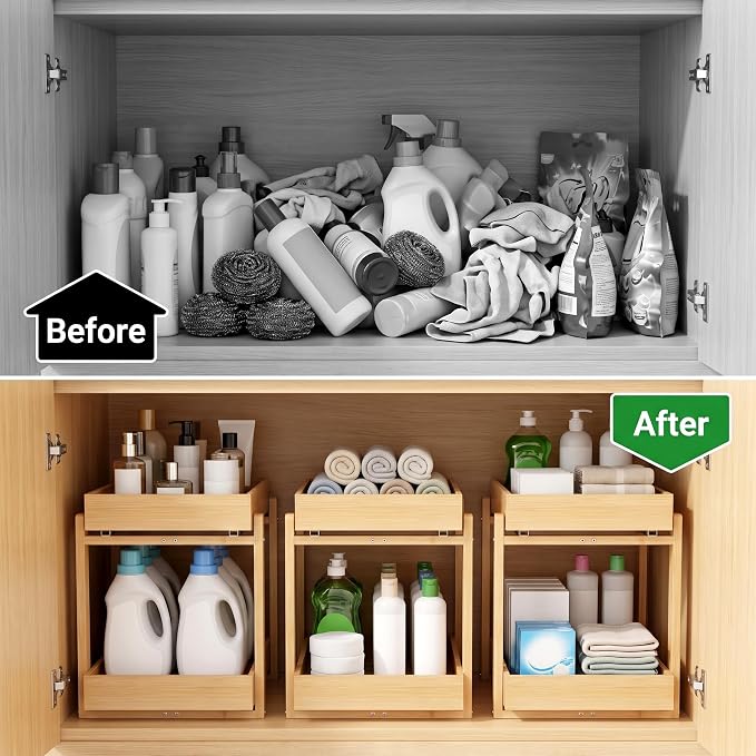 MHXW SXPN Bamboo Under Sink Organizer, 2 Pack Pull Out Cabinet Organizer | 2 Tier Vertical Smooth Slide Out Undersink Storage Shelf | Multi-Purpose Organizer Shelves for Kitchen Bathroom Medicine