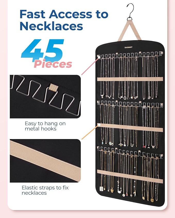 BAGSMART Hanging Jewelry Organizer, Anti-tangle Necklace Holder Earrings Rings Closet, Door,1 Piece, Extra Large Black