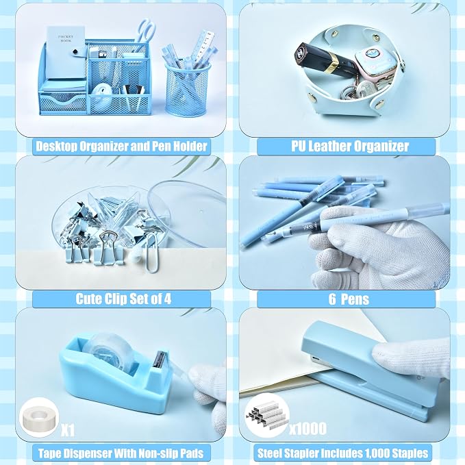 Blue Desk Accessories, 26Pcs Office Supplies and Desk Organizers, with Tape Dispenser, Stapler, Staple Remover, Ect, Gift Box Packaging