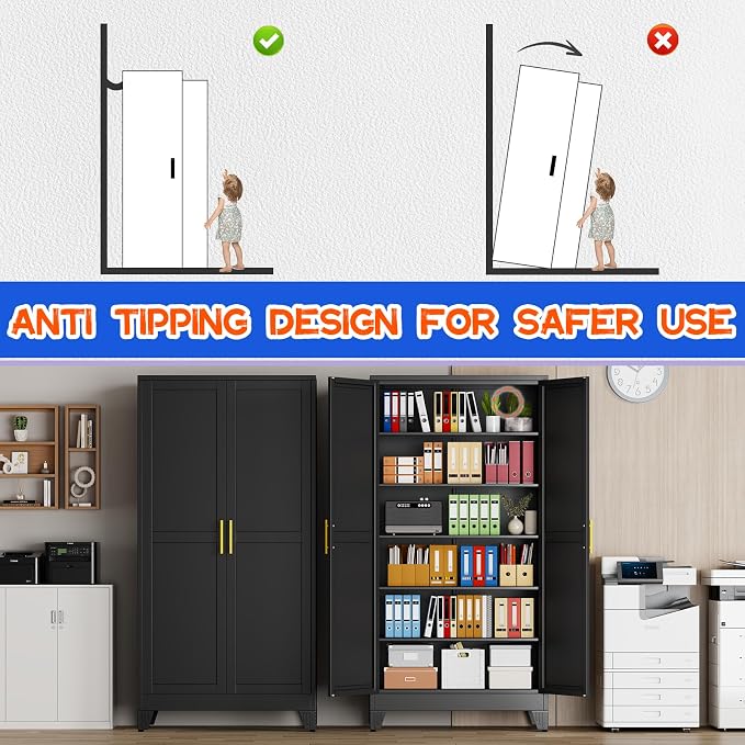 GAIOUS 79'' Tall Metal Garage Storage Cabinet, Home Office Cabinet Black | Home Office Storage, File Cabinet Tool Cabinets with 2 Doors and 5 Adjustable Shelves for Warehouse Garage Outdoor Steel