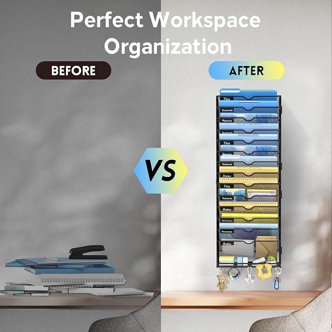 15-Tier Wall File Organizer with Hooks, Hanging File Organizer | Metal Mesh Mail Organizer, Wall Mounted File Organizer for Home, Classroom, Office Organization