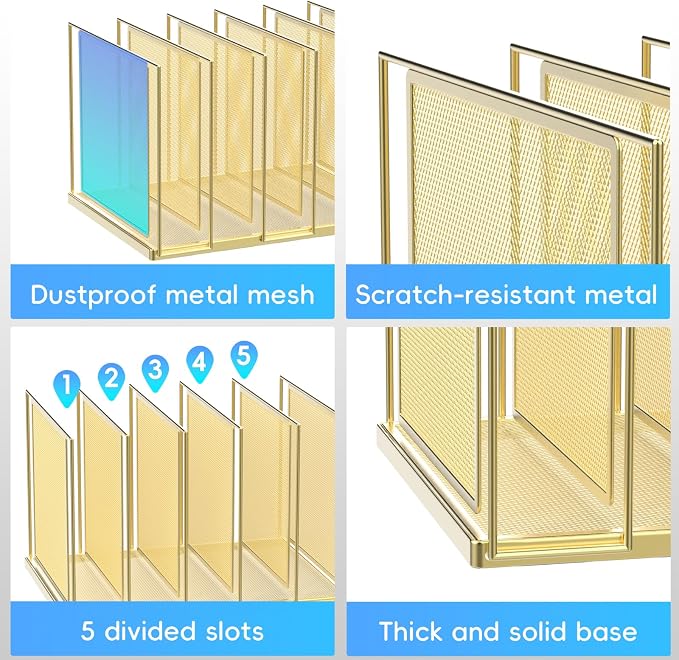 File Organizer for Desk, 5-Section Vertical File Sorter, Paper Holder Organizer Standing Metal File Folder for Office Home Classroom, Gold