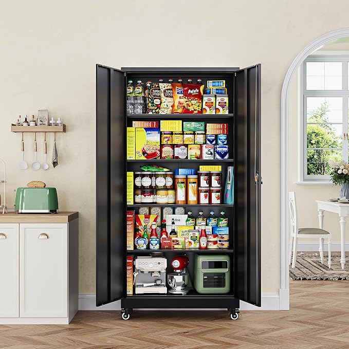 Letaya Metal Garage Storage Cabinets with Wheels,Steel Tool Cabinets Lock Door and Adjustable Shelves for Home,Office,Warehouse Organisieren (Black, 75" H)