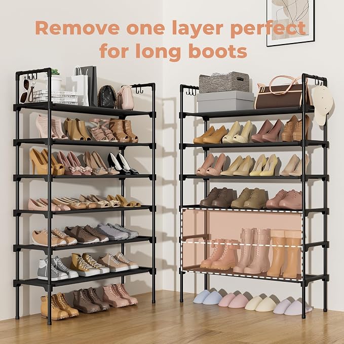 LANTEFUL 6 Tier Shoe Rack for Closet Shoe Organizer with 5 Hooks, Long Shoe Shelf Storage for Shoe and Boot Stackable Free Standing Shoe Rack for Entryway, Garage, Small Spaces, Dorm, Black