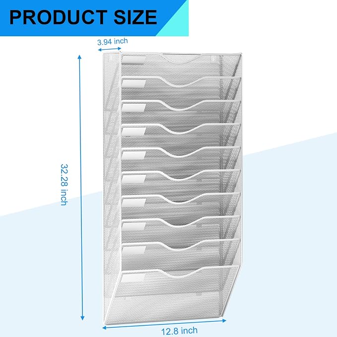 10 Pockets Mesh Hanging Wall File Holder Organizer Wall Mounted Paper Magazine Rack, Silver