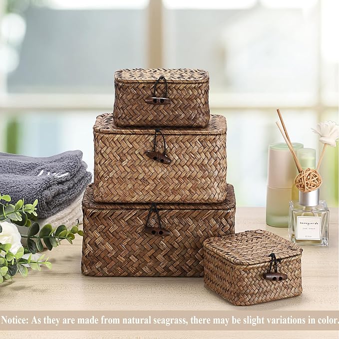 Hipiwe Mini Seagrass Basket Box Wicker Shelf Baskets with Lid, 3.5"x3.5"x2" | Small Handwoven Decorative Box, Natural Storage Basket for Organizing Key Candy, Home Decor