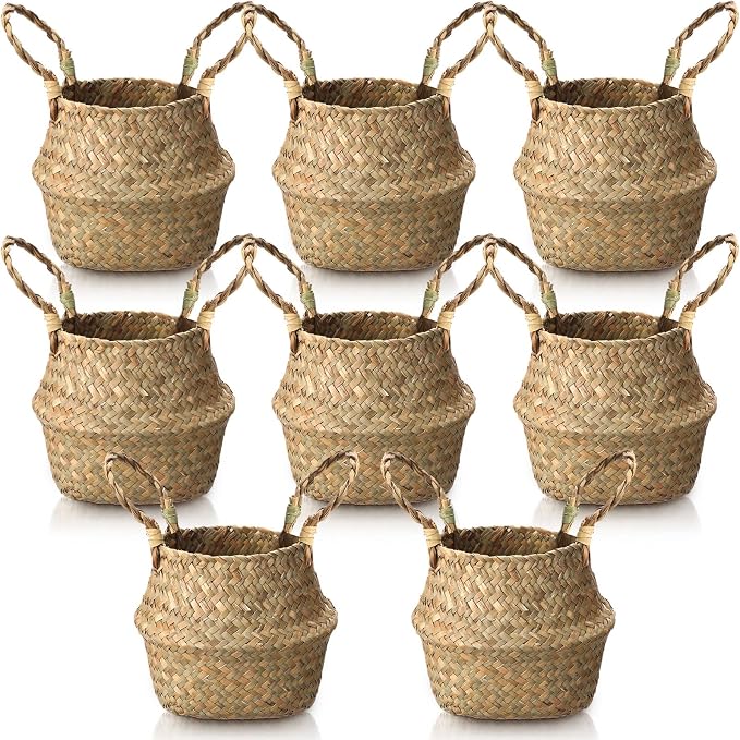 Qunclay 8 Pcs Woven Seagrass Baskets Belly Basket Folding Boho Natural Plant Pot with Handles Round Decorative Wicker Large Indoor Planter for Home Outdoor Tree Planters Decor (Xs,7.9''dx6.3''h)