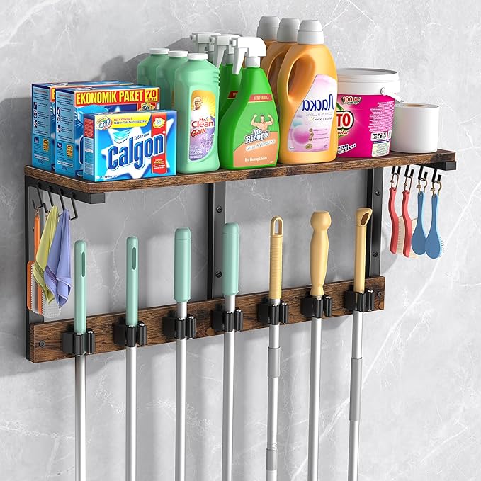 Housolution Wall Mount Broom Holder Laundry Room Storage Organizer Shelves | Thickened Metal Frame, 100 LBS High Load-Bearing, Large Capacity, Multifunctional with 7 Grippers & 8 Hooks