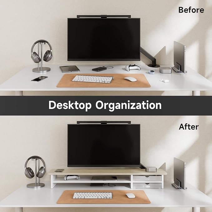 Fenge Monitor Stand, Desk Computer Riser with Frosted Storage Drawer, Oak | 42.5 Inch Dual Monitor Riser, 2 Tiers, Cable Management, Desk Shelf for 2 Monitors, Ultrawide Screen, Laptop, TV, Home Office