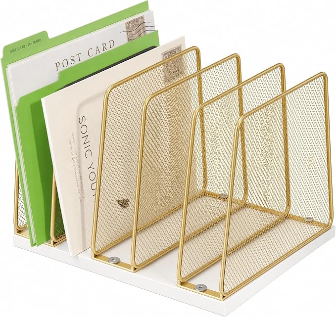 5-Section Vertical File Organizer for Desk, Gold | Sturdy Wood Base, Metal Mesh, Desktop File Holder, Upright Paper Folder Sorter