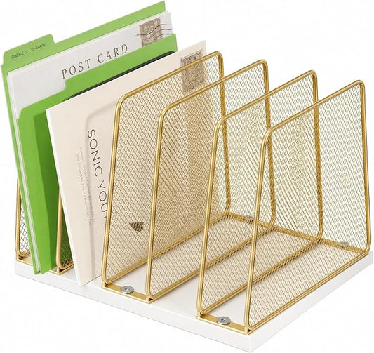 5-Section Vertical File Organizer for Desk, Gold | Sturdy Wood Base, Metal Mesh, Desktop File Holder, Upright Paper Folder Sorter