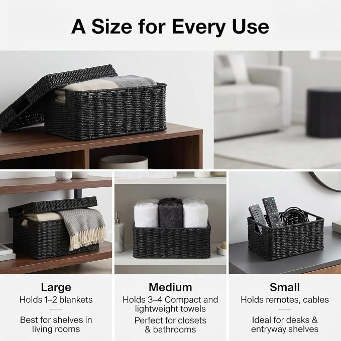 Wicker Storage Basket with Lid for Shelves, 3-Basket Set, Black | One rectangular wicker basket with lid and two open baskets for decorative shelf storage; removable lid flips into a tray.