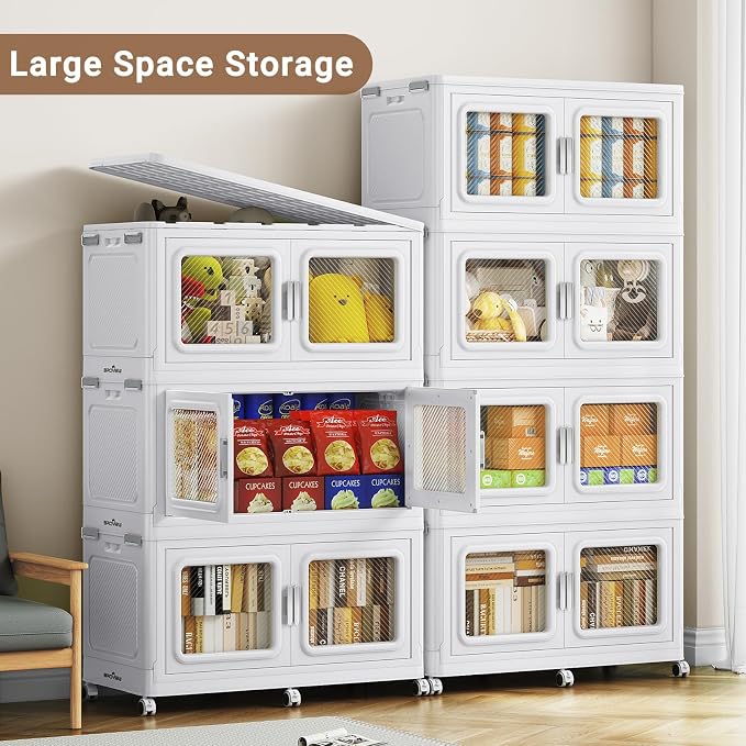 BROVIEW 300Gal Extra Large Storage Bins with Lid and Wheels, White, 4 Pack | 1 lid Plastic Cabinets Stackable Collapsible Foldable Storage Box Total 1200 Quart Organizer Drawers For Home Office Garage