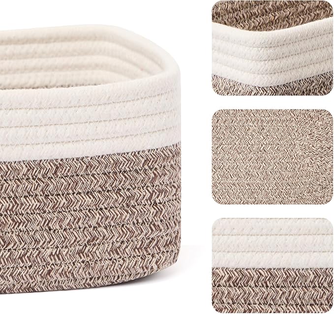 MiniArk Small Storage Baskets for Organizing | Closet Organizer Bins | Shelf Toy Basket | Woven Rope Baskets | Cube Decorative Box | Shallow Basket | 11.5x7.5x4.7” | 4 Packs White Brown