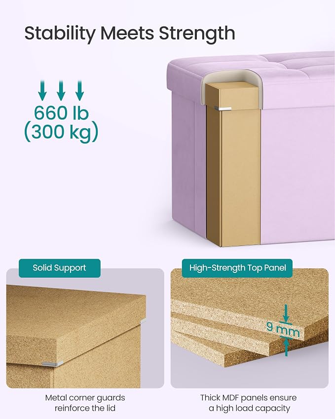 SONGMICS Velvet Storage Ottoman, Folding Storage Bench for Bedroom, Toy Chest, Ottoman Coffee Table, 15 x 29.9 x 15 Inch, Hibiscus Purple, Entryway Shoe Bench, Island Collection ULSF048PE01