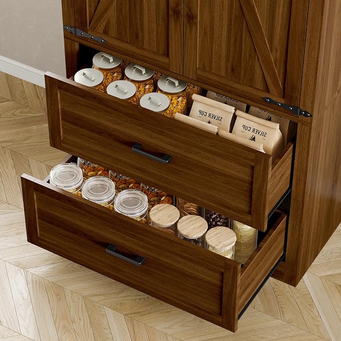 BORNOON Pantry Organizers and Storage Cabinet, 71” Barn Door White Kitchen Cabinet with Drawers and Adjustable Shelf, Tall Pantry for Kitchen, Dining Room, Living Room. Bathroom and Office
