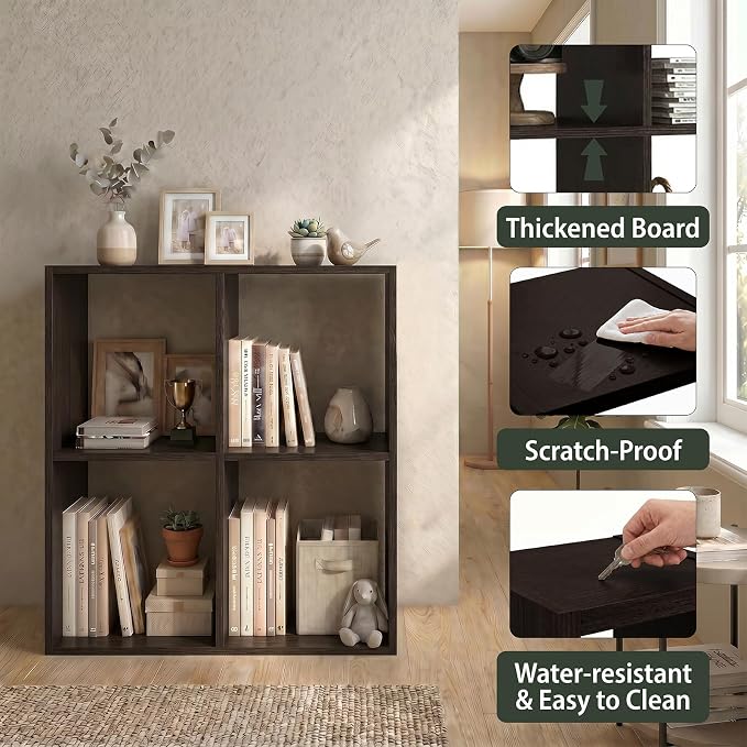 WannabeMyself【Sturdy Build&Easy Assembly】4 Cube Storage Organizer with Anti-Tipping Kits,Reversible Open Back Book Shelf, Bookcase for Living Room,Bedroom,Entrance Hall,Office,24.1×11.4×24.1,Chocolate