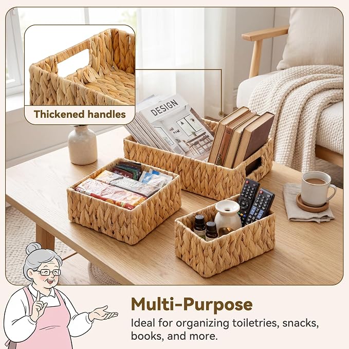 Granny Says Wicker Baskets For Shelves, Large Water Hyacinth Baskets | Small Woven Storage Baskets for Shelf, Rattan Basket For Organizing, Wicker Basket Set, 3-Pack Small Waterproof Baskets