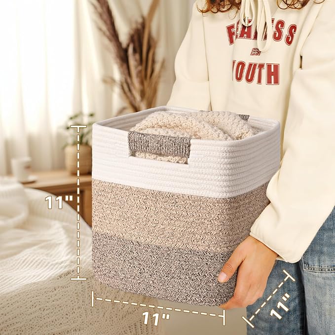 11 Inch Storage Cubes, 3 Pack Cube Storage Bins for Organizing, Cotton Rope Woven Baskets for Shelves, Bathroom, Kids Room, Closets, Baby Nursery