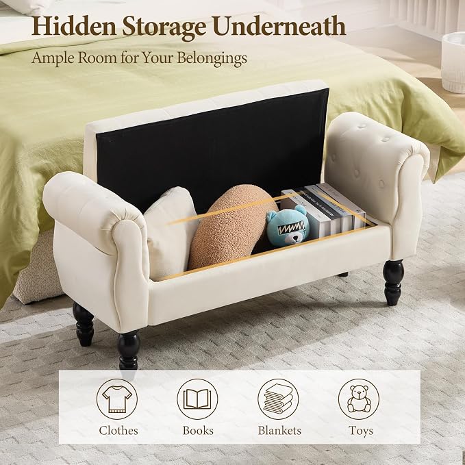 47″ Storage Bench with Arms End of Bed Bench,Velvet Entryway Bench with Storage, Button Tufted Upholstered Ottoman Bench Wood Legs, Window Sitting Bench for Bedroom/Living Room/Hallway, Cream