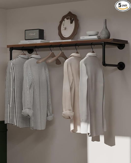 Clothes Rack 42in, Wall Mounted Garment Racks with Real Walnut Wood Shelf, Heavy Duty Hanging Clothes Rack, Multi-Purpose Hanging Rod, Space-Saving Closet Storage