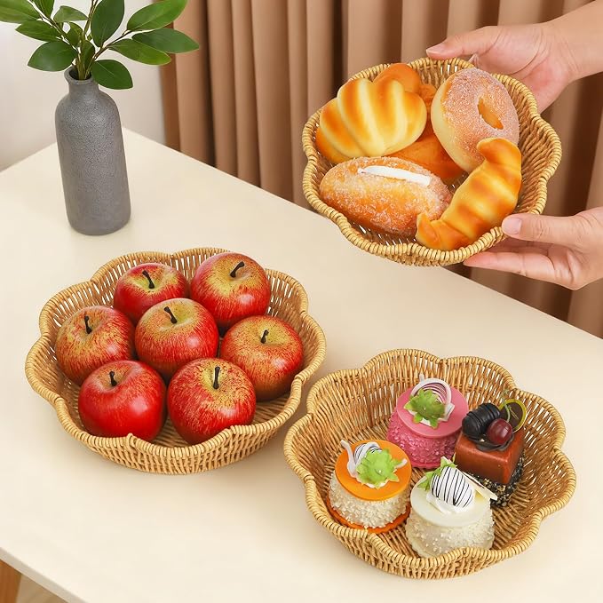 Jucoan 3 Pack Poly Wicker Bread Baskets, Imitation Rattan Fruit Baskets, Hand Woven Round Scalloped Tabletop Food Serving Basket Tray for Fruits, Vegetables and Snacks, Home Kitchen Bakery