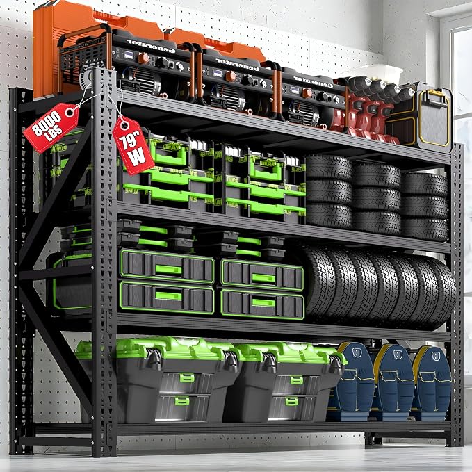 Heavy Duty Garage Storage Shelves 8000LBS Capacity, 79" Wide Metal Shelving Unit, 4-Tier Adjustable Industrial Shelving for Warehouse Basement Shop, 79" W x 24" D x 75" H