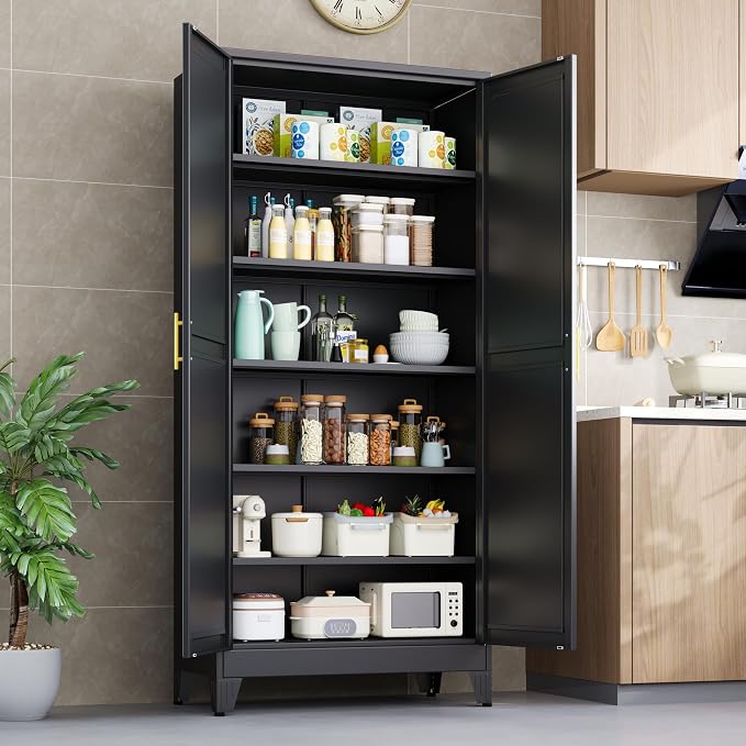 PAOFIN Kitchen Pantry Storage Cabinet with Doors and Adjustable Shelves, Metal ClosetMaid Food Pantry Cabinets, 75" Tall Freestanding Cupboard for Kitchen, Laundry or Utility Room, Black