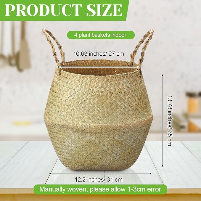 Qunclay 4 Pcs Woven Seagrass Baskets Belly Basket Folding Boho Natural Plant Pot with Handles Round Decorative Wicker Large Indoor Planter for Home Outdoor Tree Planters Decor (XL,12''dx13.8''h)