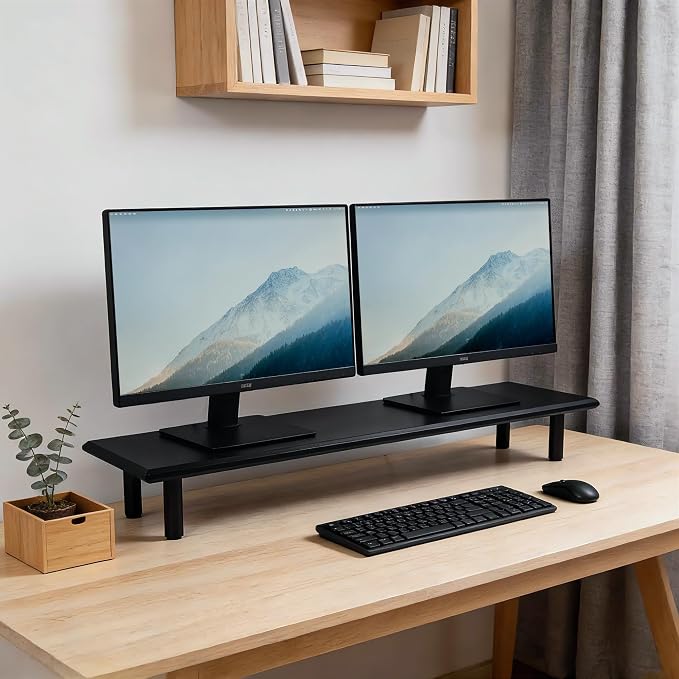 Bamboo Dual Monitor Stand Riser, Black Desk Shelf with Storage | 39.37-Inch Wide, 3.5-Inch Clearance, Fits Keyboards, Soundbars and Two 24-Inch Monitors for Home Office
