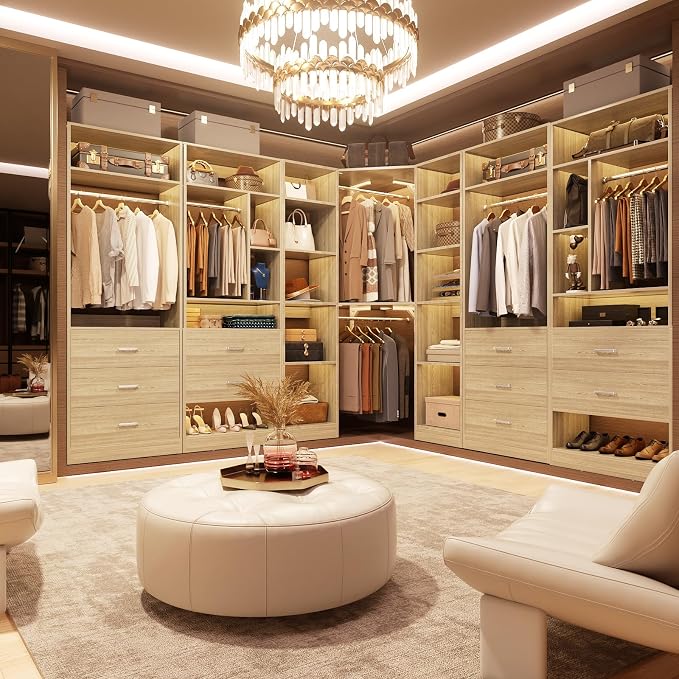 Besiost Corner Closet System with 12 Shelves, 39.2" Corner Organizer | L Shaped Closet with 2 Hanging Rods, Versatile 6-Tier Walk-in Closets for Corner Space, White Oak (39.2" L x 39.2" W x 80" H)