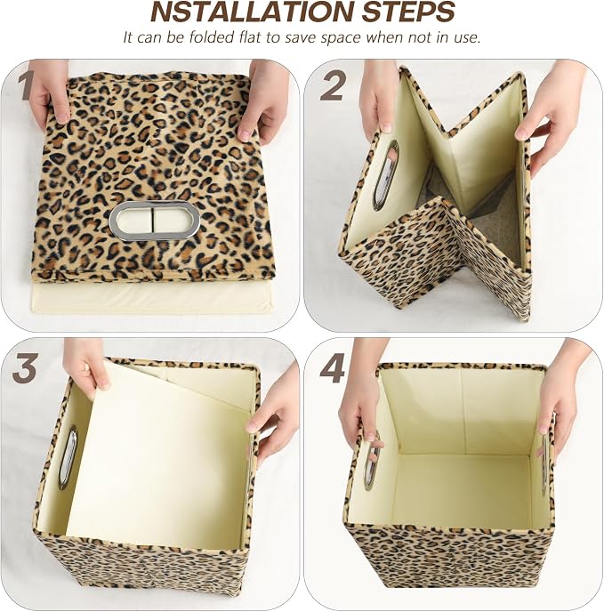 ANMINY Leopard Cheetah Print Storage Cubes Bins, Velvet, Brown, 13Inch 4PCS | Collapsible & Washable, PP Board Frame, Built-in Metal Handles, Animal Themed Fabric Cubes Baskets for Closet Shelves Decor