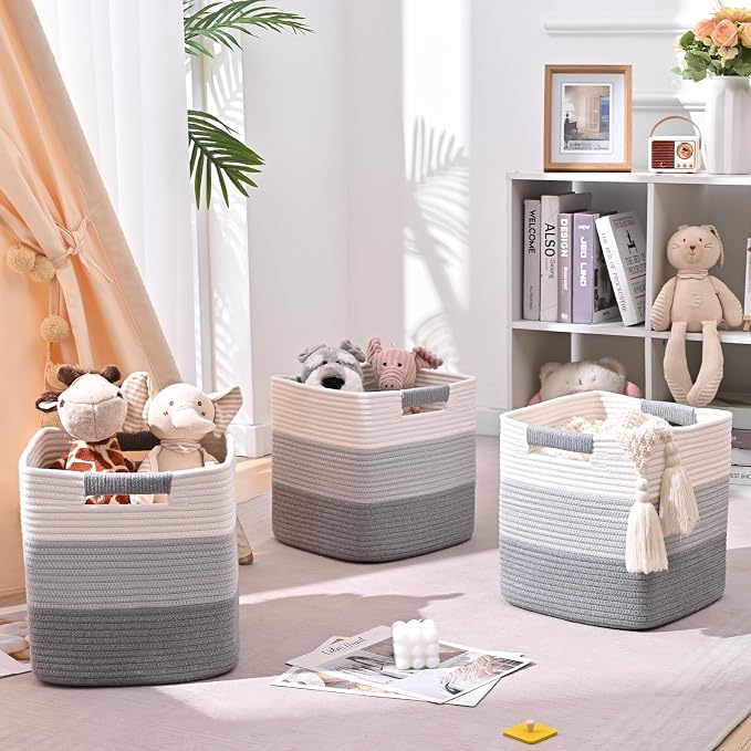 12 Inch Storage Cubes, 3 Pack Cube Storage Bins for Organizing, Cotton Rope Woven Baskets for Shelves, Bathroom, Kids Room, Closets, Baby Nursery
